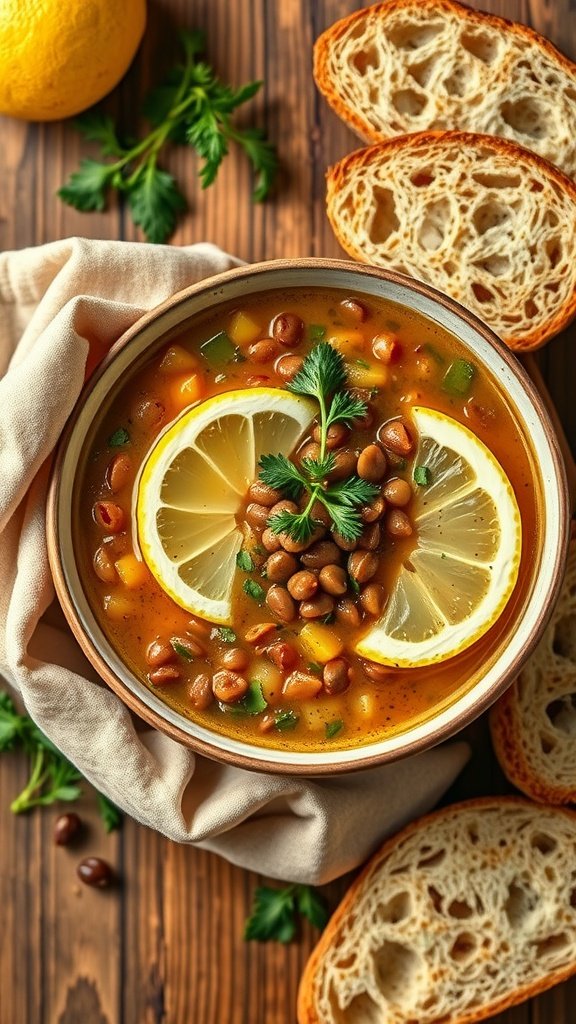 A bowl of lentil soup garnished with lemon slices and parsley, accompanied by slices of bread.