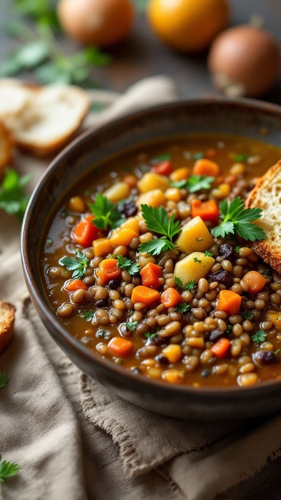 A bowl of lentil soup filled with colorful vegetables and garnished with parsley.