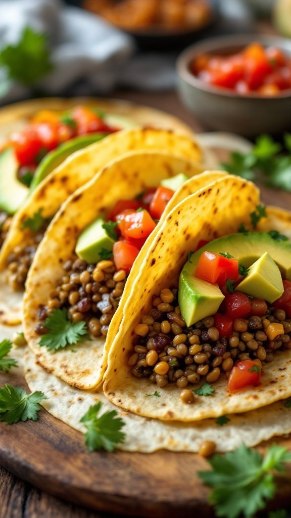 Delicious lentil tacos served with avocado, tomato, and fresh cilantro.