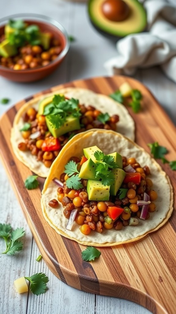 Lentil tacos topped with avocado salsa on a wooden platter