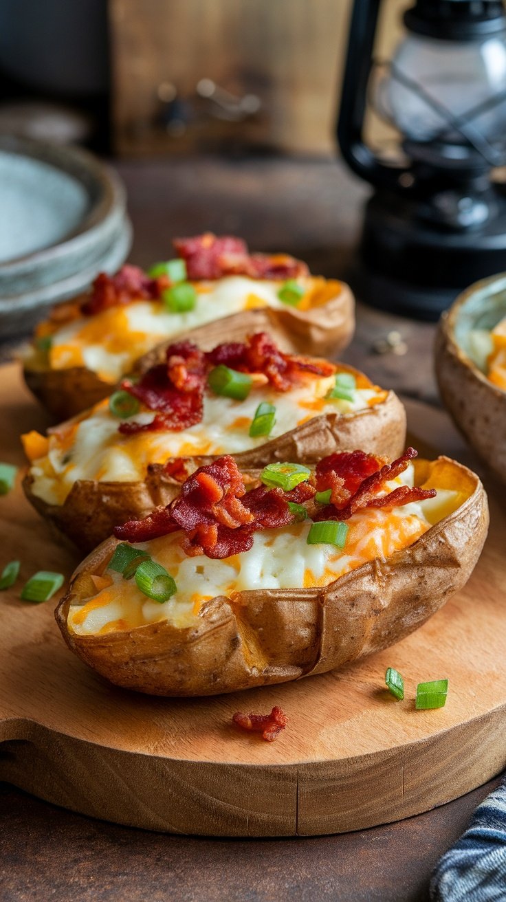 Delicious loaded potato skins topped with cheese, bacon, and green onions on a wooden board.