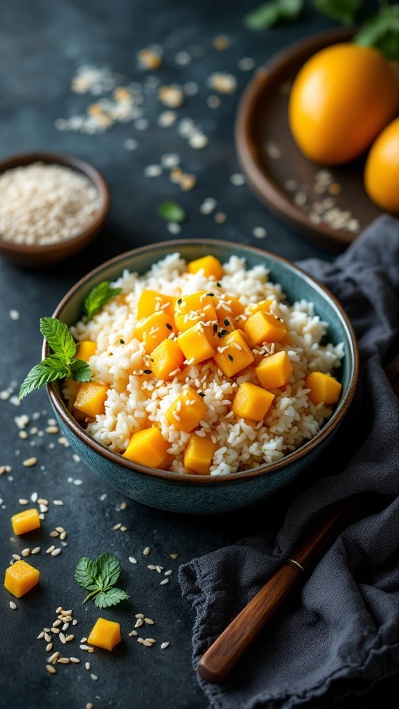 A bowl of mango sticky rice topped with fresh mango chunks and garnished with mint leaves.