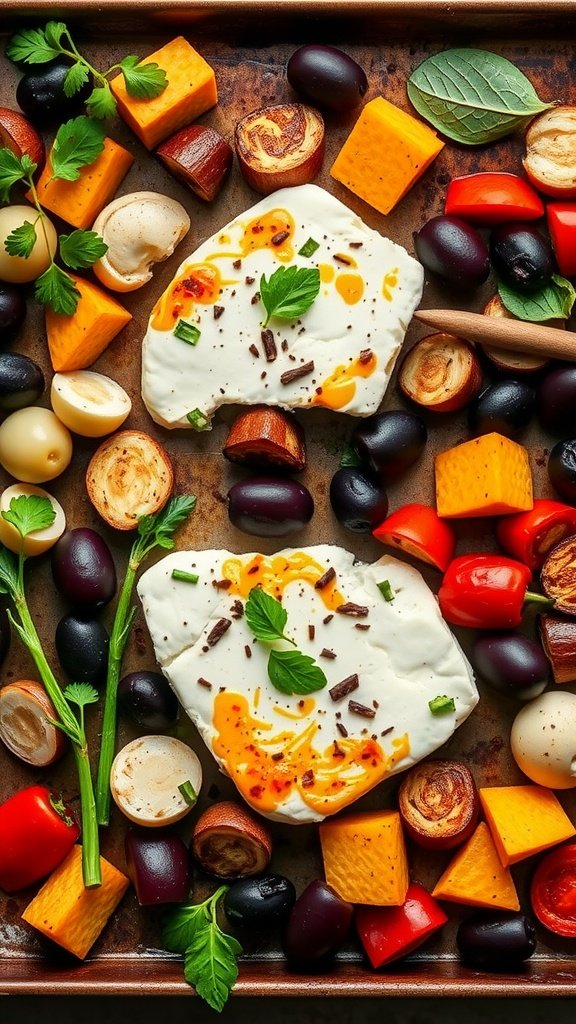 Mediterranean Baked Feta with colorful roasted vegetables on a sheet pan.