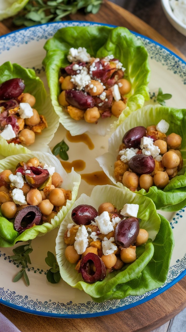 Mediterranean Chickpea Lettuce Wraps filled with chickpeas, feta, and vegetables