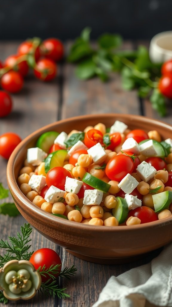 A bowl of Mediterranean Chickpea Salad with cherry tomatoes, cucumber, feta cheese, and fresh herbs.
