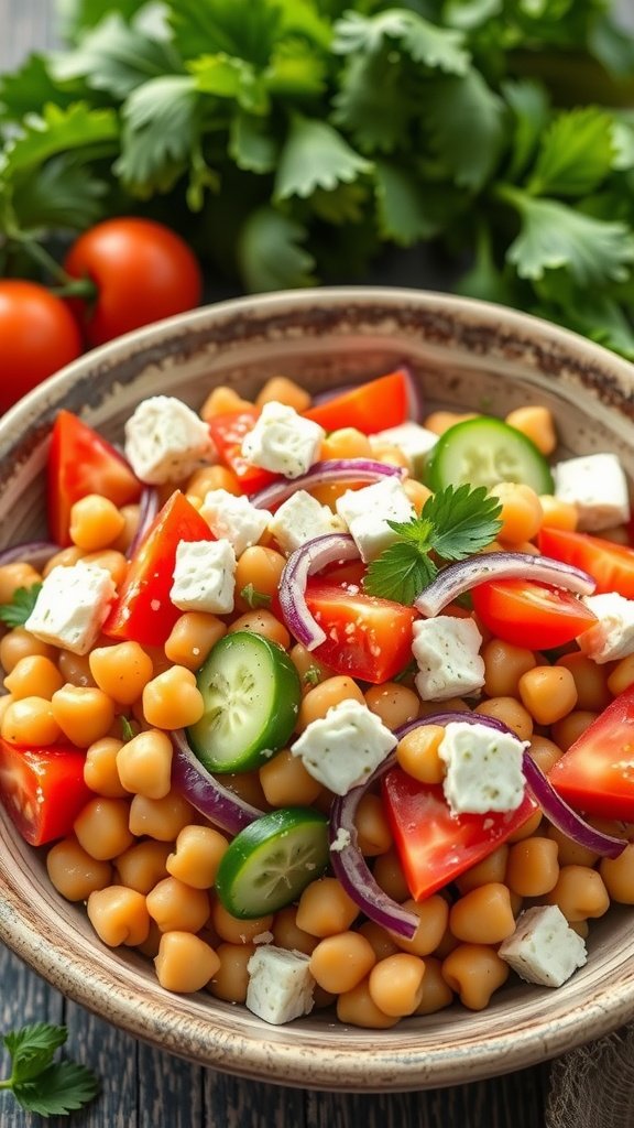 A colorful Mediterranean chickpea salad with tomatoes, cucumber, feta cheese, and onions.