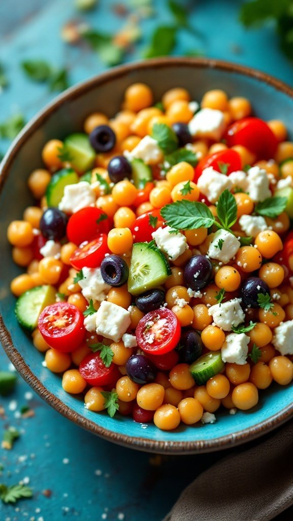 A bowl of Mediterranean Chickpea Salad with colorful vegetables and feta cheese