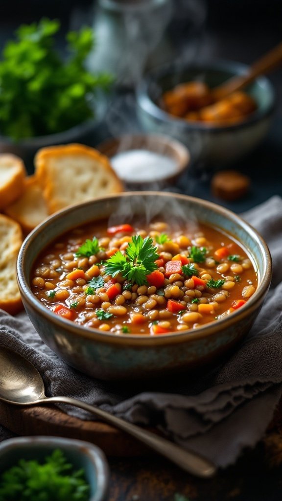 Bowl of Mediterranean lentil soup with colorful vegetables and fresh parsley on top.