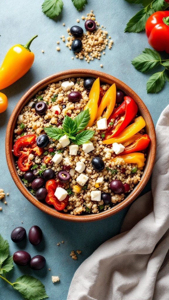 A vibrant Mediterranean quinoa bowl with colorful bell peppers, olives, and feta cheese.