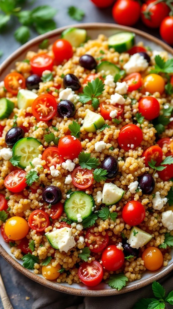 A colorful Mediterranean quinoa salad with cherry tomatoes, cucumbers, olives, and feta cheese