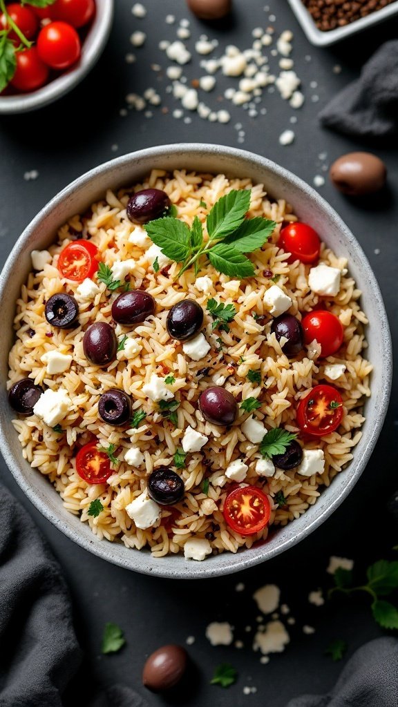 A bowl of Mediterranean rice pilaf with olives, cherry tomatoes, and feta cheese.