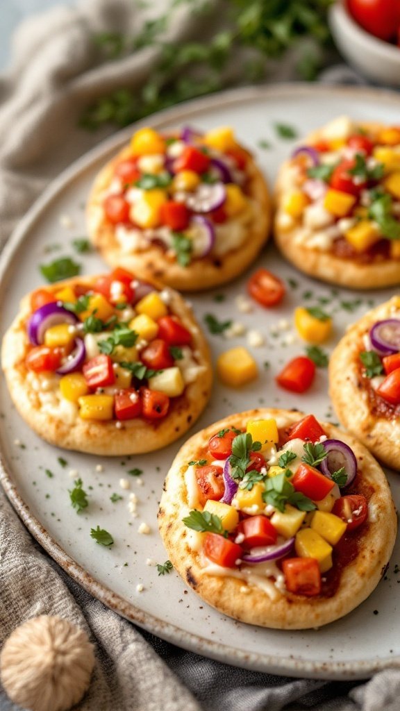 Mini pita pizzas topped with fresh vegetables and herbs