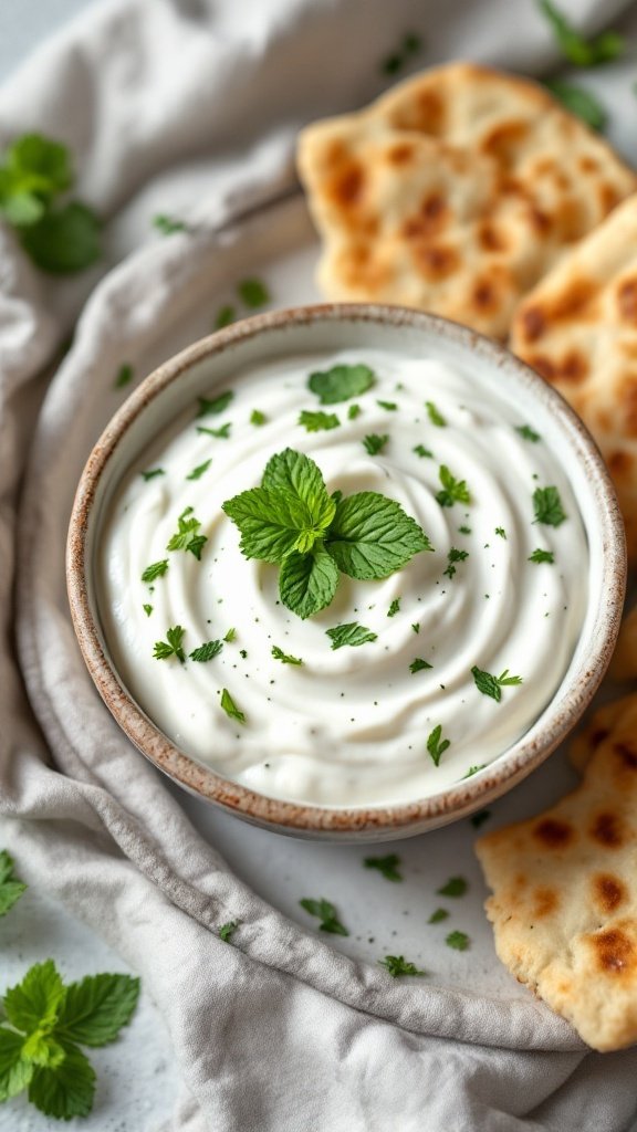 Minted yogurt sauce in a bowl with fresh mint leaves and pita bread.