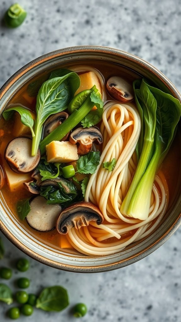 A bowl of miso tofu noodle soup with mushrooms and green vegetables.