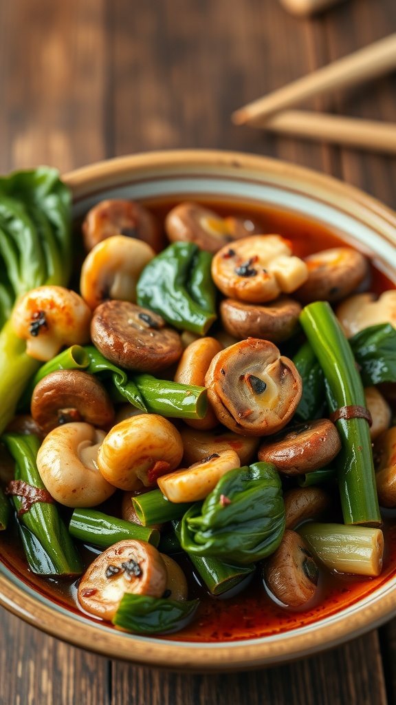 A bowl of mushroom and bok choy stir-fry, showcasing fresh greens and mushrooms in a savory sauce.