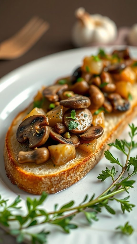 Delicious bruschetta topped with a mushroom and garlic medley.