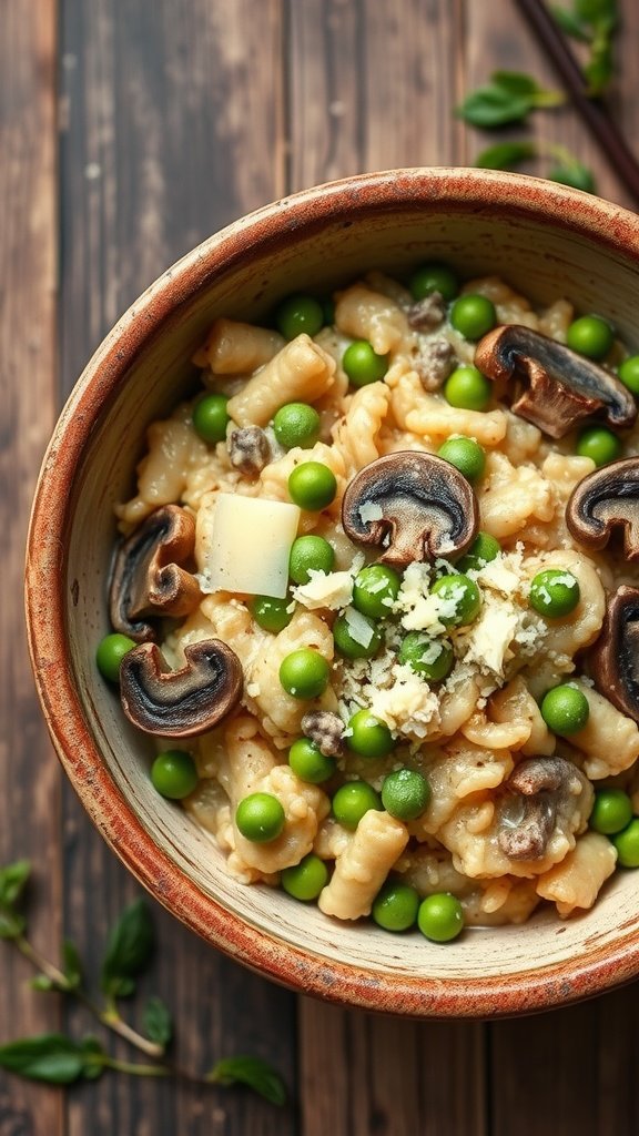 A bowl of creamy mushroom and pea risotto topped with cheese and garnished with parsley.