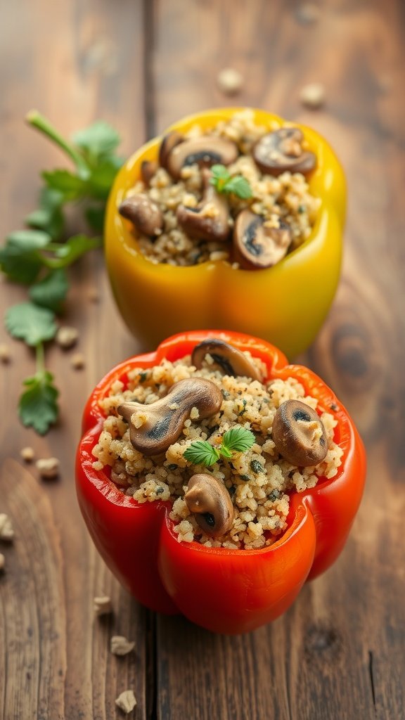 Two colorful stuffed peppers filled with quinoa and mushroom mixture on a wooden table.