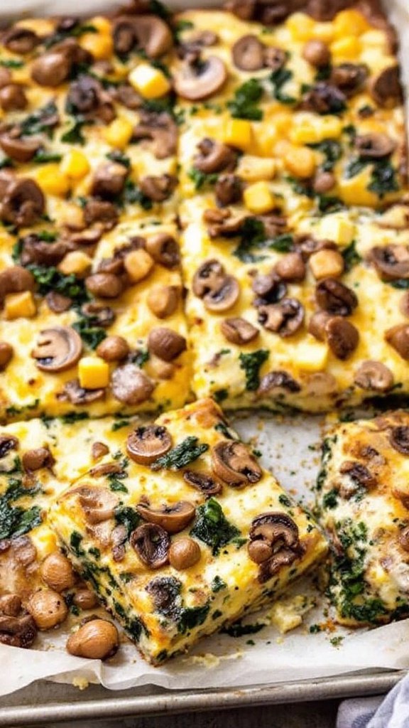 A delicious mushroom and spinach frittata baked on a sheet pan, sliced into pieces and garnished with fresh ingredients.