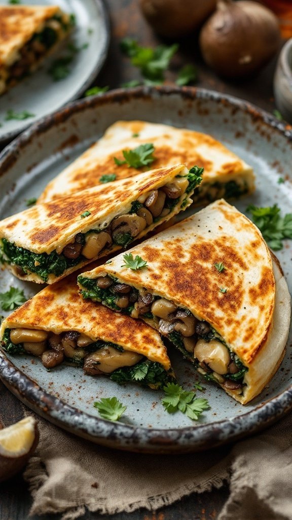 Delicious mushroom and spinach quesadillas on a plate, garnished with cilantro.
