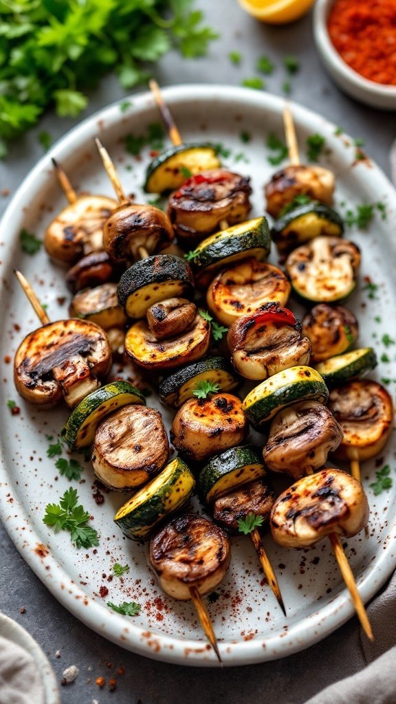 Grilled mushroom and zucchini kebabs served on skewers, garnished with parsley.