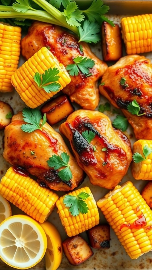 Delicious one-pan BBQ chicken and corn dinner with vibrant colors and fresh ingredients.