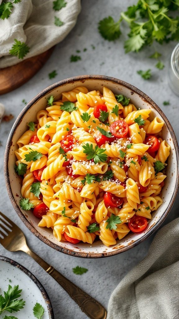 A bowl of One-Pot Cheesy Vegetable Pasta topped with parsley and cherry tomatoes.