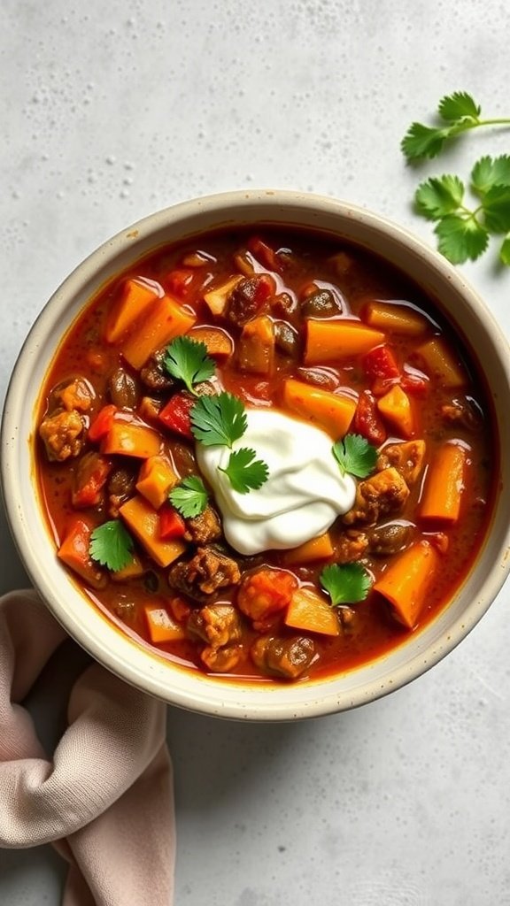 A bowl of colorful vegetable chili topped with sour cream and cilantro.