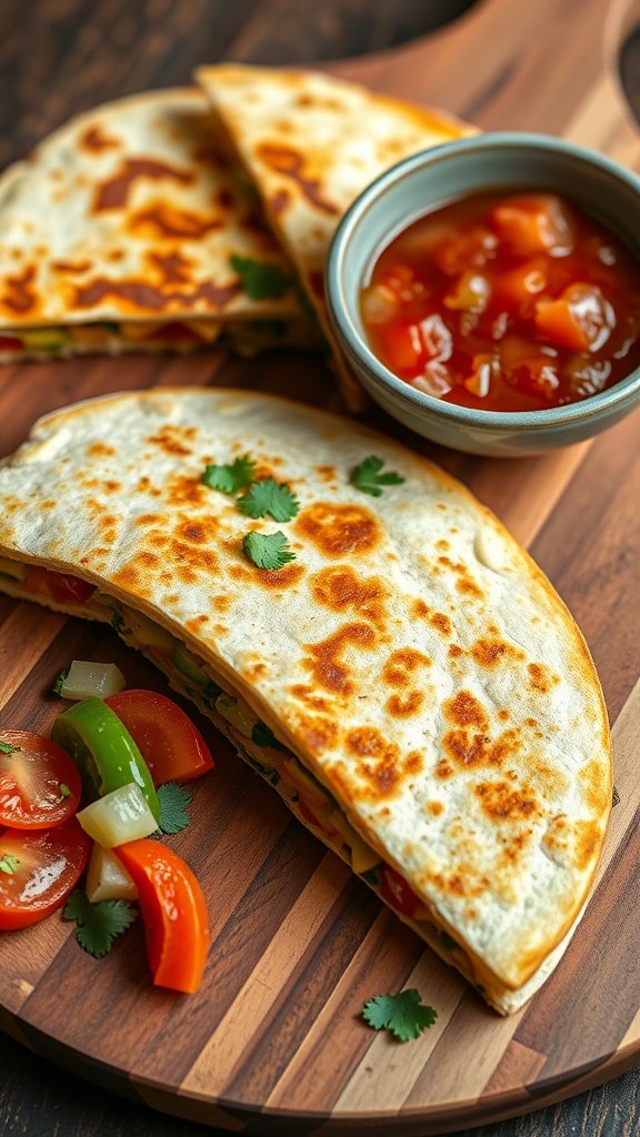 Oven-baked vegetable quesadillas on a wooden board with a side of salsa.