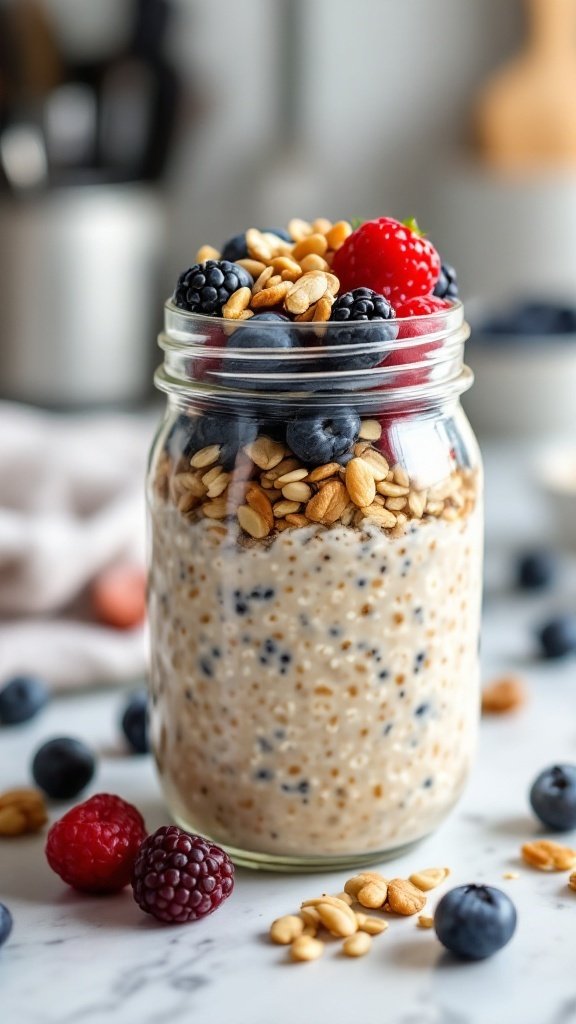 A jar of overnight oats topped with nuts and fresh berries.