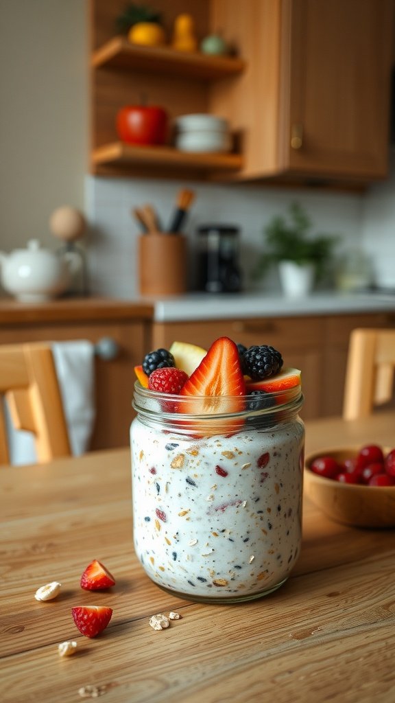 A jar of overnight oats topped with various seasonal fruits, resting on a wooden table.