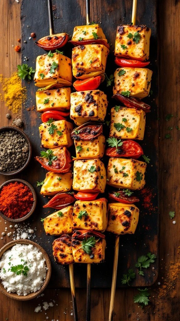 Grilled paneer tikka kebabs on skewers with spices