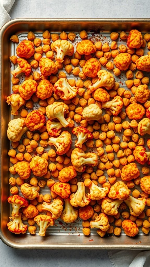 A sheet pan of roasted cauliflower and chickpeas seasoned with paprika.