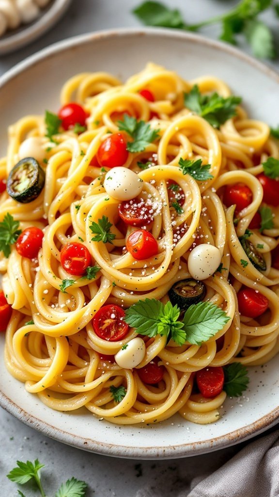 A delicious serving of Pasta Primavera with garlic, featuring colorful vegetables and garnished with fresh herbs.