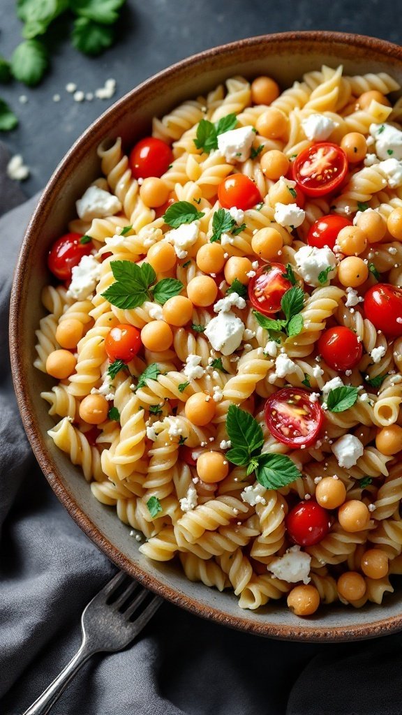 A delicious pasta salad with chickpeas, feta, and fresh vegetables