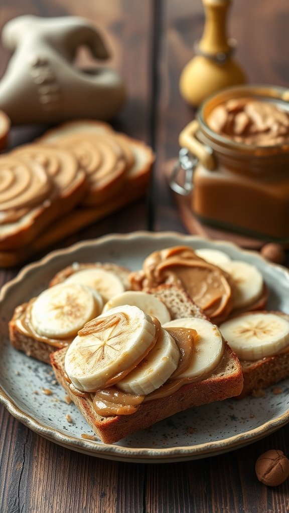 Peanut butter and banana sandwich on a plate