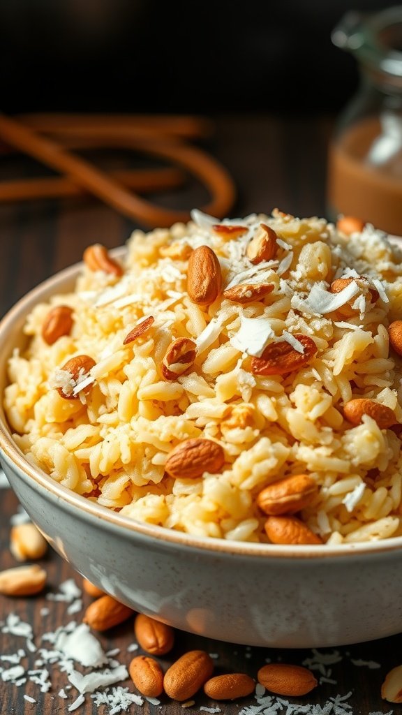 Bowl of peanut butter and coconut rice pilaf topped with peanuts and shredded coconut