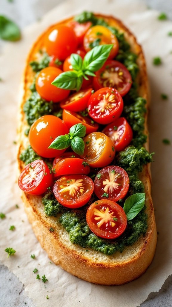 A delicious bruschetta topped with pesto and cherry tomatoes.