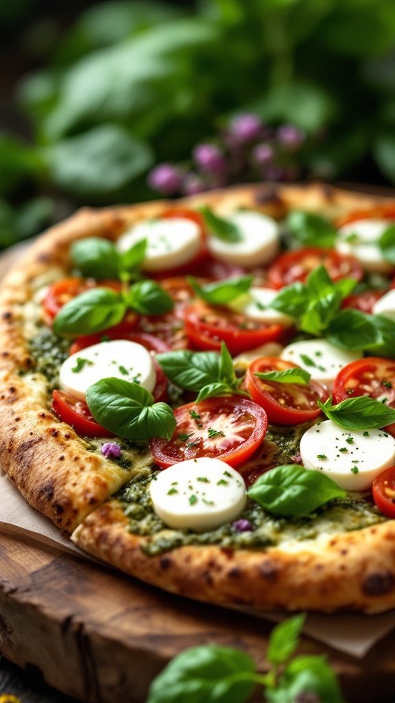 Pesto Caprese Flatbread Pizza with fresh basil and tomatoes