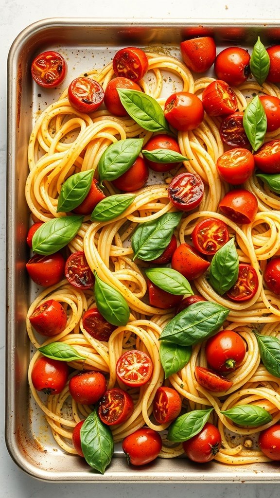 A delicious dish of pesto pasta mixed with roasted cherry tomatoes and fresh basil leaves.