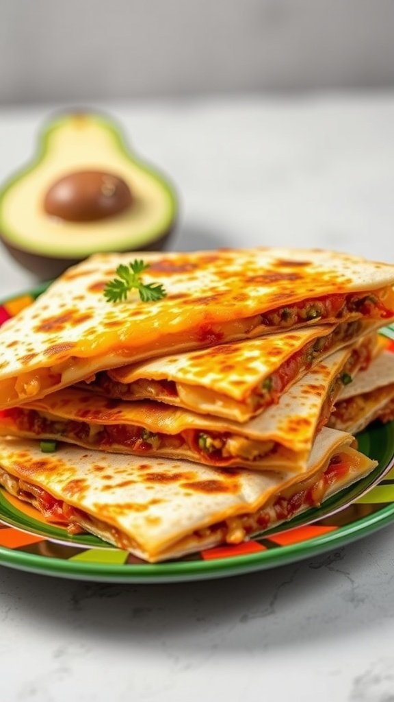 A stack of pizza quesadillas with melted cheese and vibrant toppings on a colorful plate.