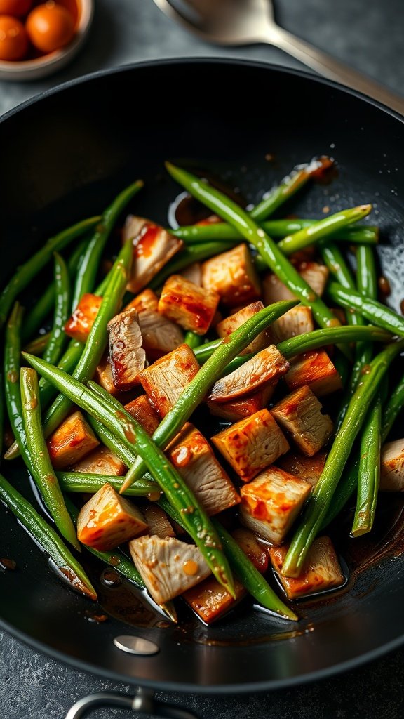 A delicious pork and green bean stir-fry in a black wok.