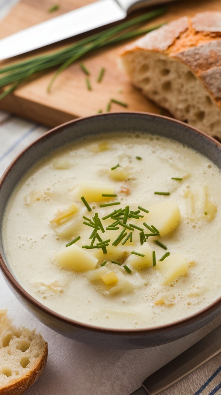 A bowl of creamy potato and leek soup garnished with chives, served with bread on the side.
