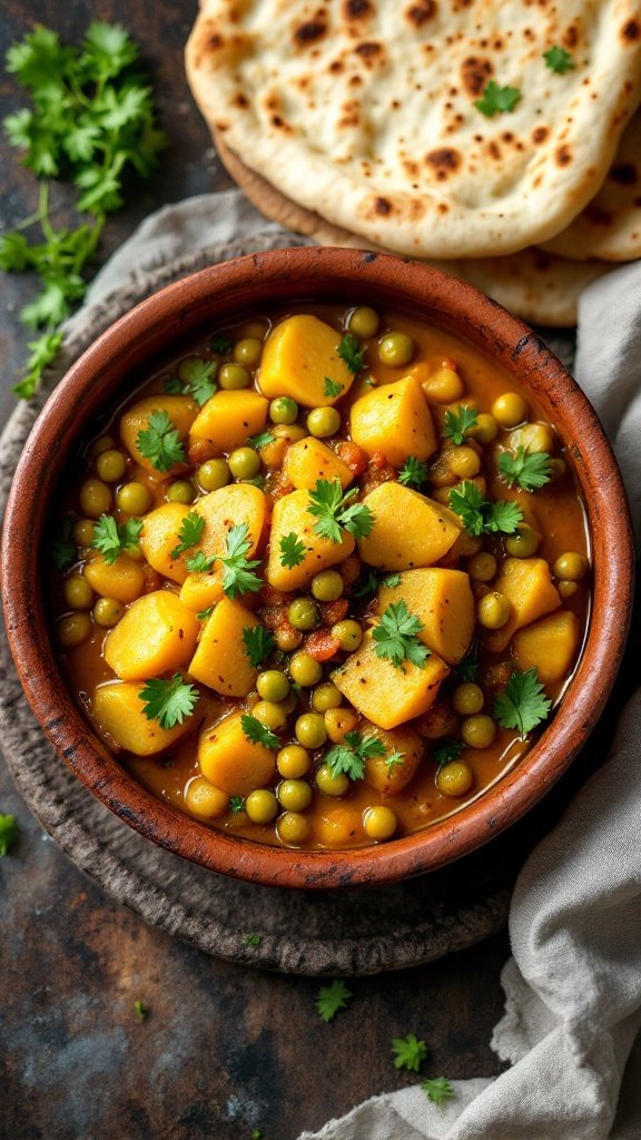 A bowl of potato and pea curry with fresh cilantro on top, served with naan bread.