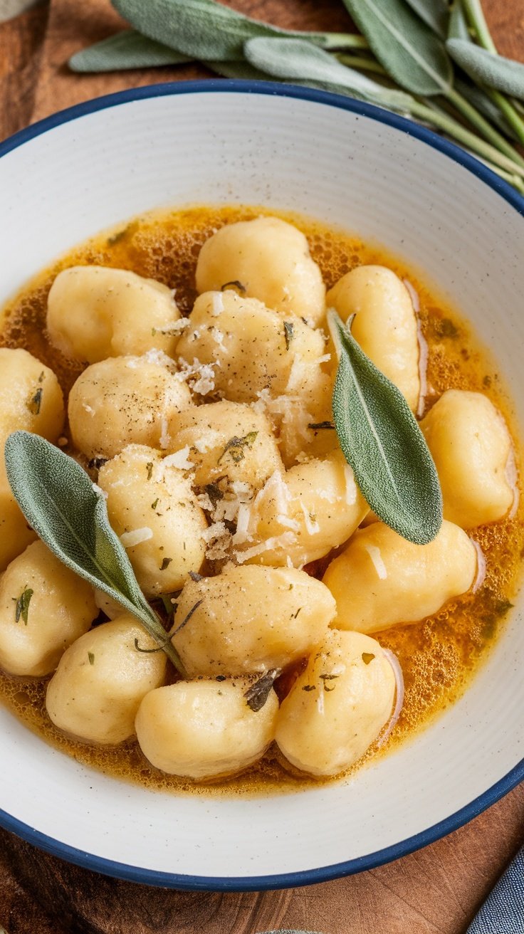 A bowl of potato gnocchi drenched in sage butter sauce with fresh sage leaves on top.