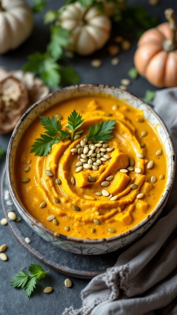 A bowl of creamy pumpkin coconut curry garnished with cilantro and pumpkin seeds.