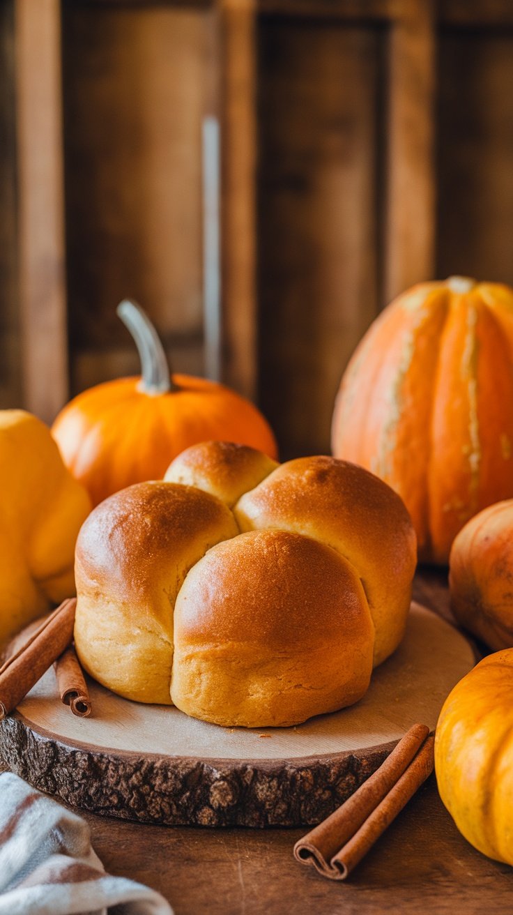 Delicious pumpkin spice dinner rolls with icing and cinnamon sticks.