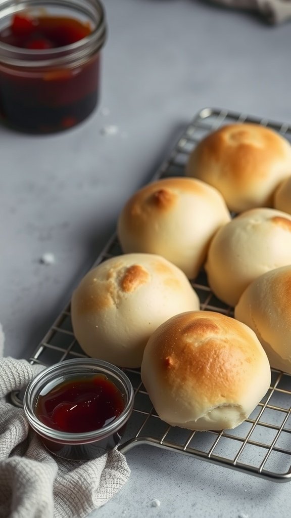 Freshly baked no-yeast dinner rolls on a cooling rack with a small bowl of sauce