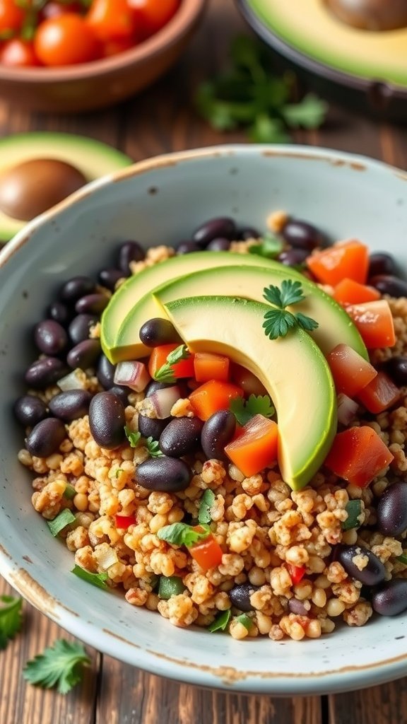 A colorful quinoa and black bean bowl topped with avocado and diced tomatoes.