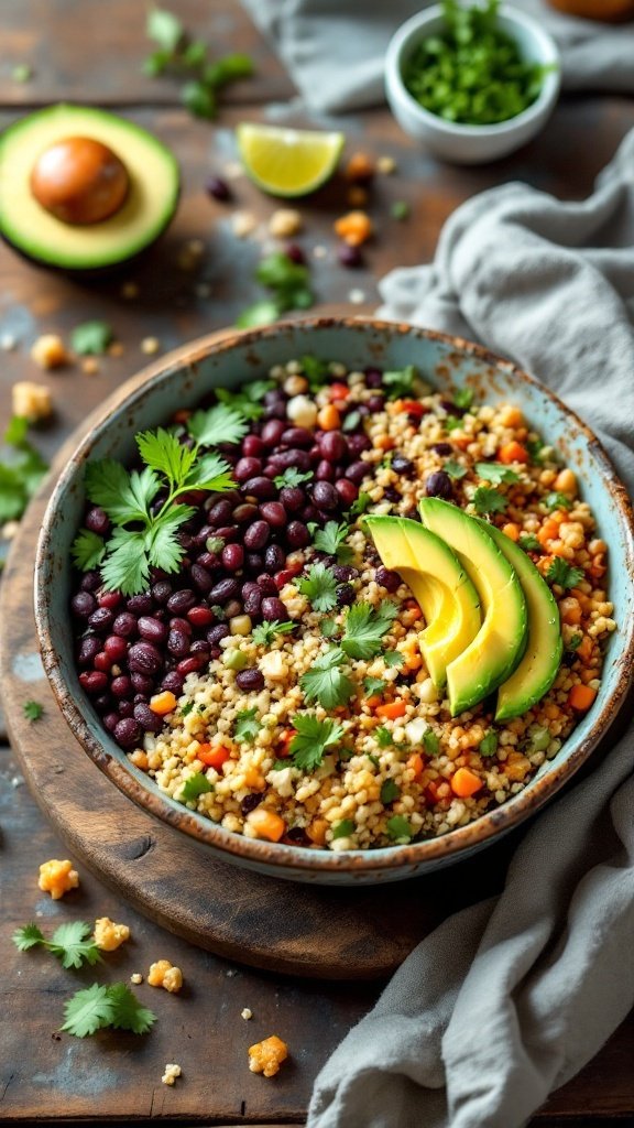 A colorful quinoa and black bean power bowl with avocado slices and fresh herbs.